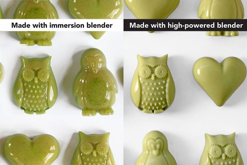 Showing side by side the difference between using an immersion blender and a high-powered blender for matcha gummies.