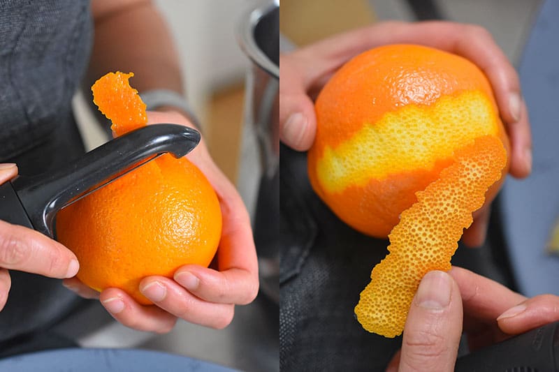 Peel the zest off the orange with a black vegetable peeler.