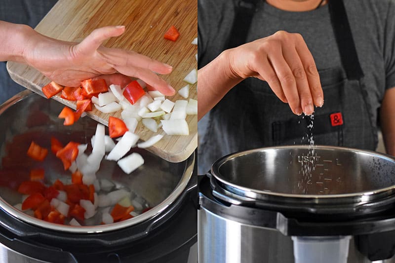 In the left image, a hand is pushing diced onions and red bell peppers from a wooden cutting board into an open Instant Pot. On the right image, a woman in an apron is sprinkling salt into an open Instant Pot.