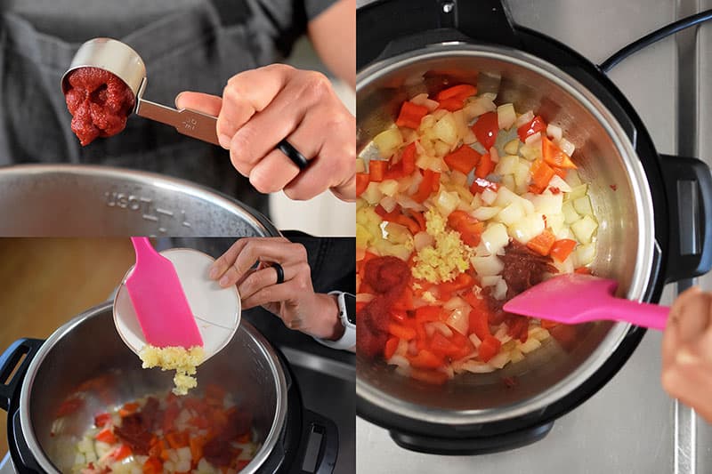 There are three images in a collage. In the top left image, a woman is adding two tablespoons of tomato paste into an open Instant Pot. In the image on the bottom left, a pink silicone spatula is pushing some minced garlic from a small plate into an open Instant Pot filled with diced onions, red bell peppers, and tomato paste. In the image on the right, there is an overhead shot of an open Instant Pot with sautéed onions, red bell peppers, tomato paste, and minced garlic.