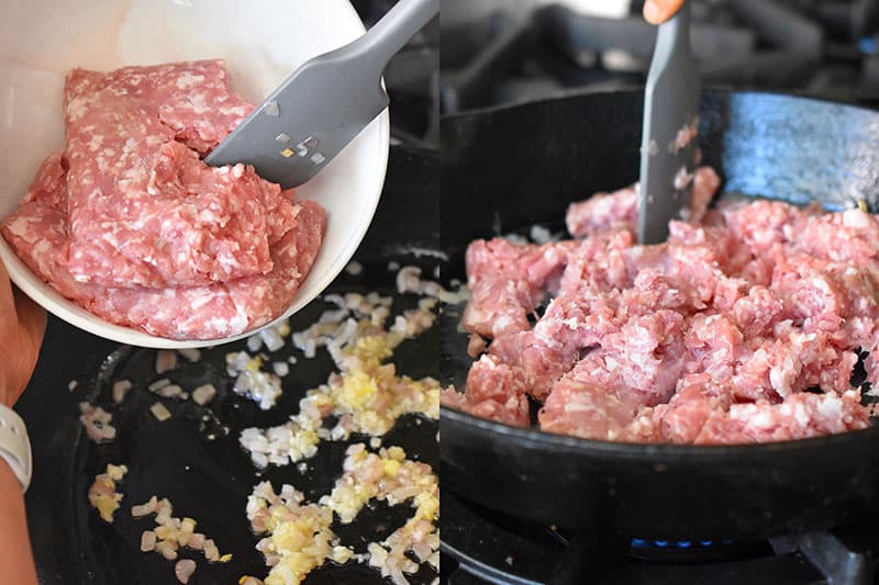 Adding two pounds of ground pork to the frying pan. 