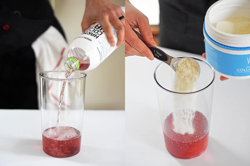 Pouring pink-colored coconut water and scooping collagen peptides to make Cold Matcha Latte 