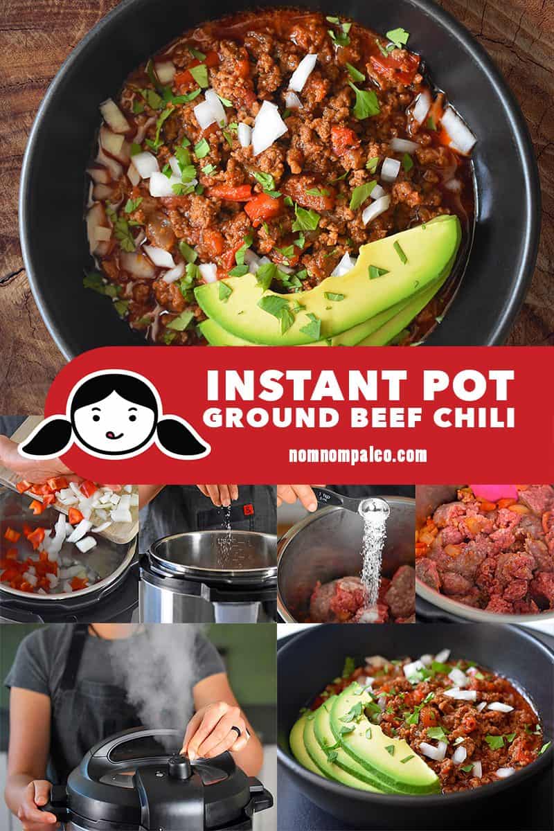 A collage of the cooking steps to make Instant Pot Ground Beef Chili.