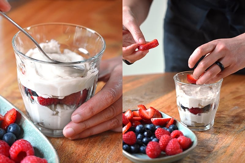 Layering Paleo vanilla Pudding and fresh berries to make dairy-free parfaits.