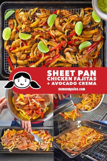 A collage of the cooking steps for Sheet Pan Chicken Fajitas + Avocado Crema