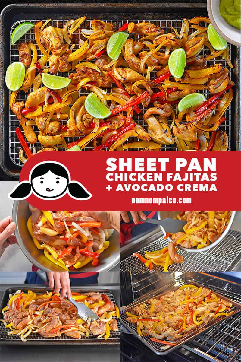 A collage of the cooking steps for Sheet Pan Chicken Fajitas + Avocado Crema.