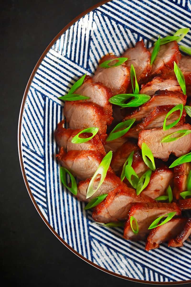 An overhead shot of Whole30-friendly Paleo Char Siu recipe: Cantonese roasted pork lacquered with a sticky-sweet marinade.