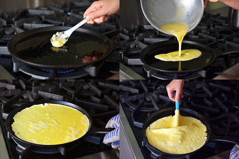 Buttering a flat skillet and adding the beaten eggs to create a flat egg pancake.