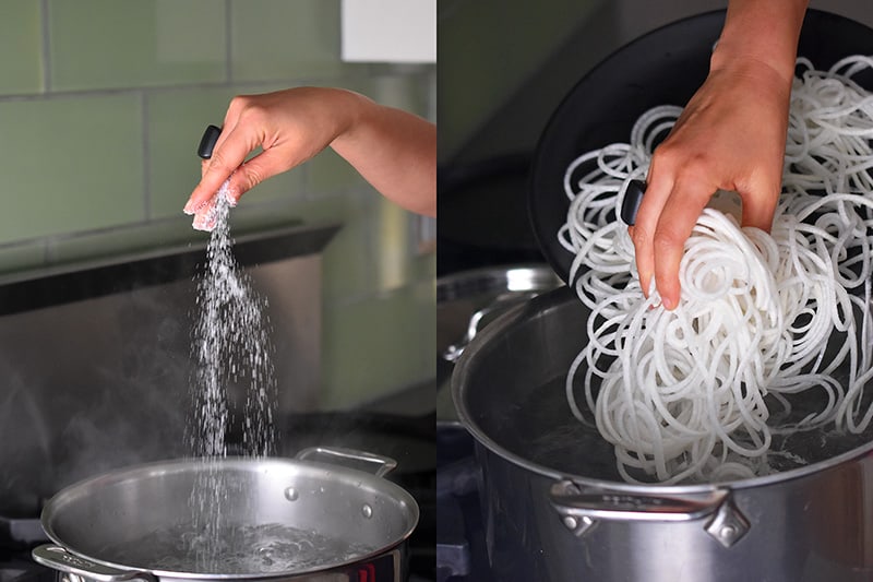 Salt is added to a boiling pot of water. Then the daikon noodles are placed in the water.