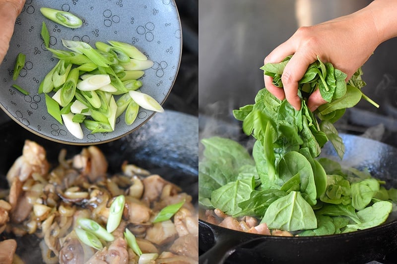 Adding sliced scallions and baby spinach to a pan filled with Paleo Chicken Chow Mein ingredients.