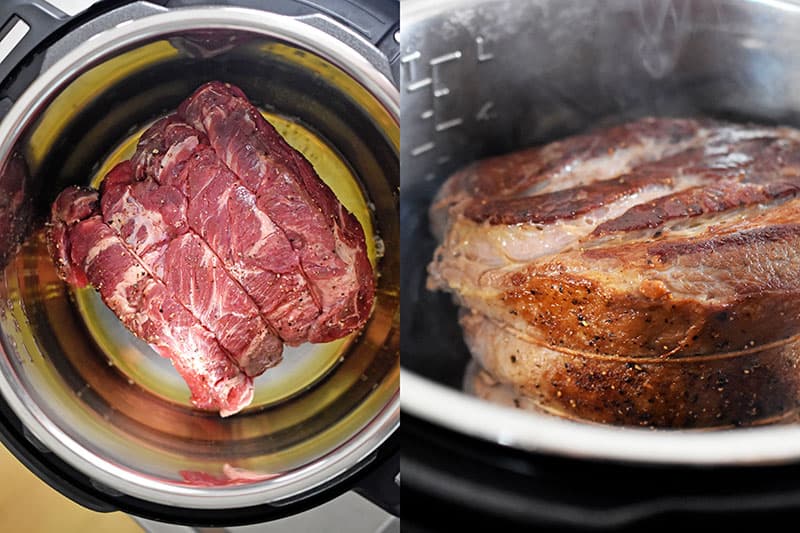 Searing the salted chuck roast in an Instant Pot
