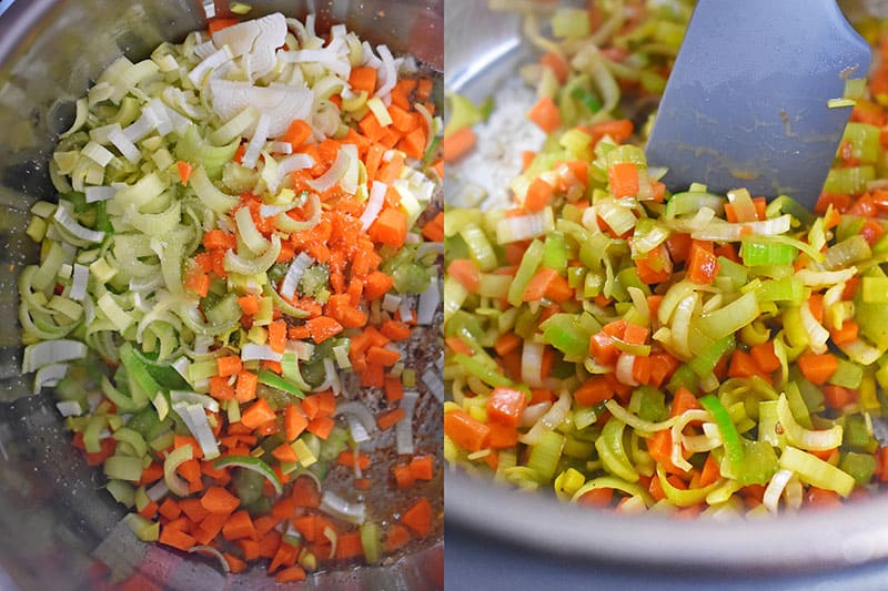 Adding diced vegetables to the Instant Pot and sautéing them until soft
