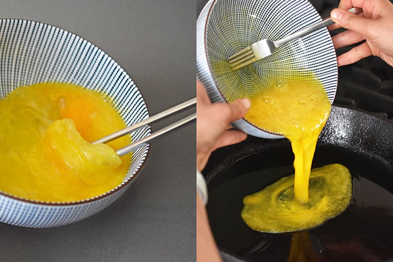 Stirring eggs in a bowl and pouring the eggs into a pan.