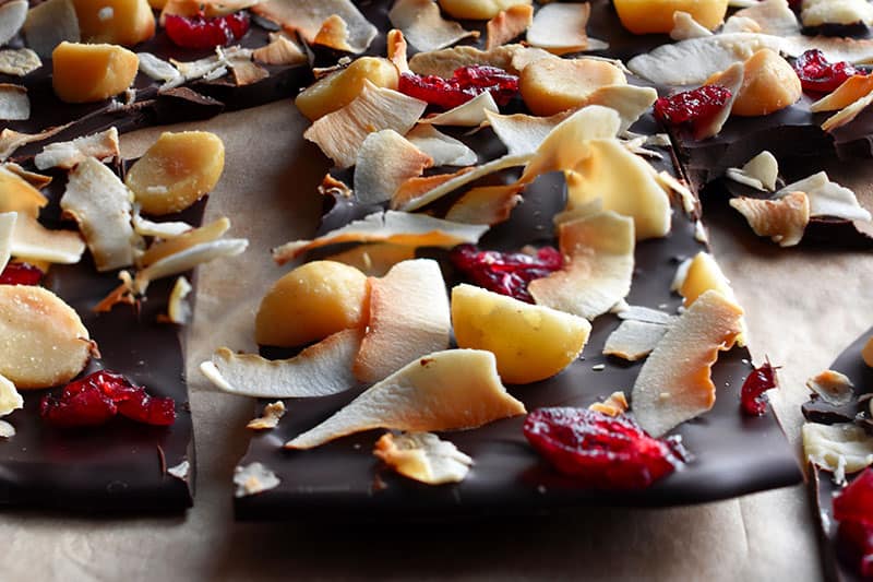 A closeup of paleo chocolate bark with coconuts, dried cranberries, and macadamia nuts on top.