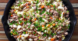 Paleo potsticker stir-fry in a frying pan