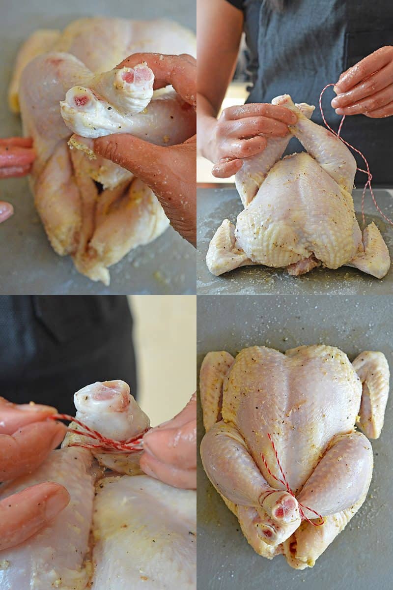 Using kitchen twine to truss the legs of a Weeknight Roast Chicken 