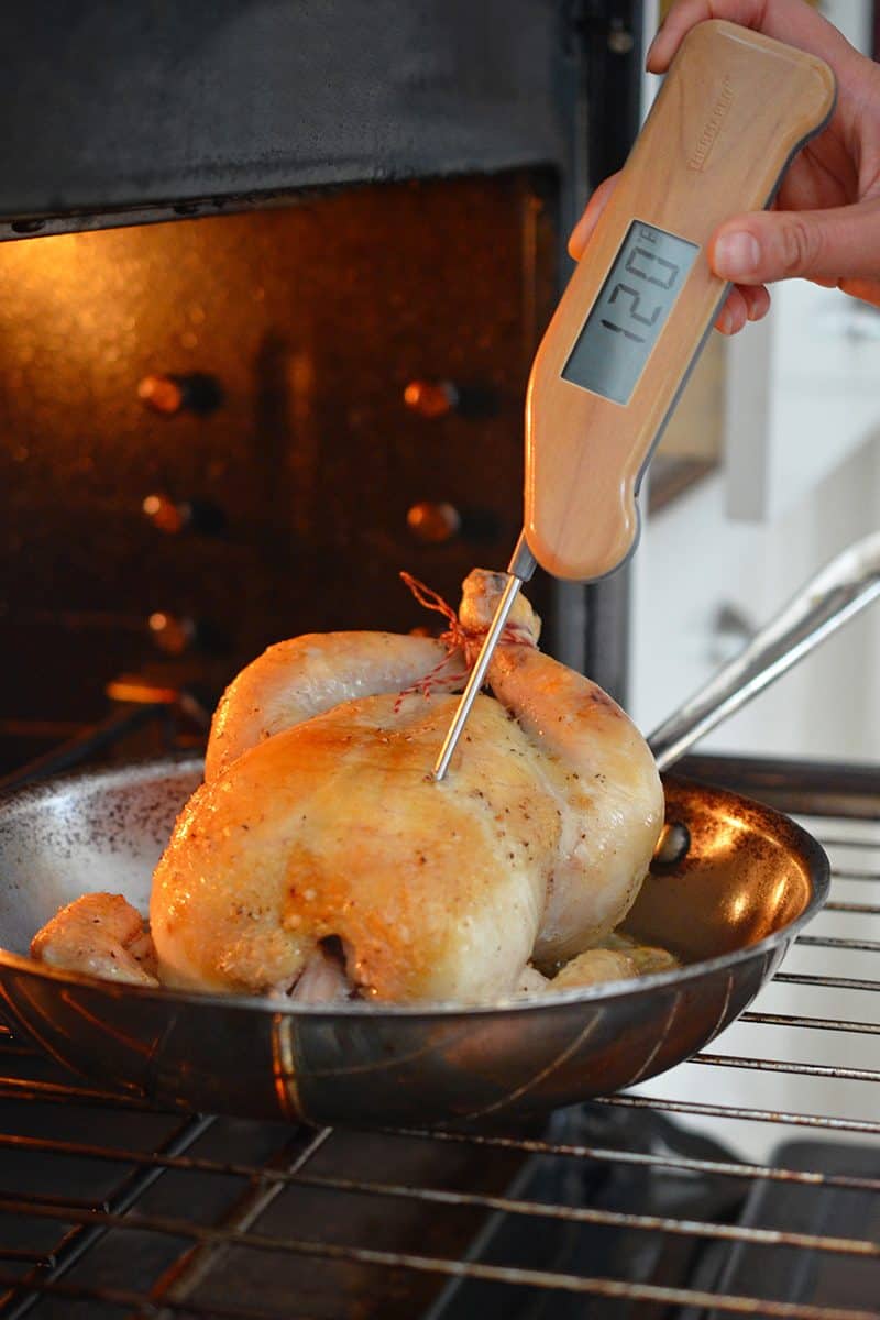 Checking the temperature on a Weeknight Roast Chicken. The meat thermometer shows 120 F on the display.