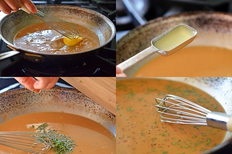 Whisking cold ghee, lemon juice, and herbs for the pan gravy.