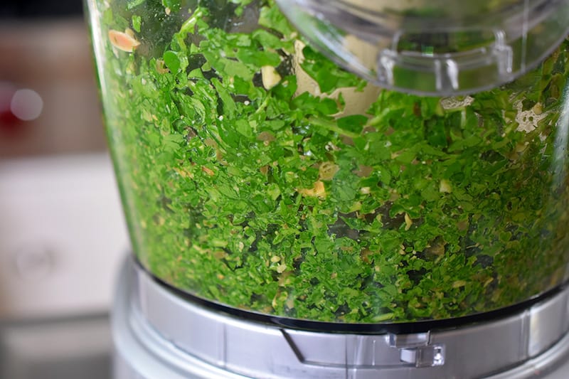 A closeup of the ingredients for arugula pesto pulsed in a food processor.