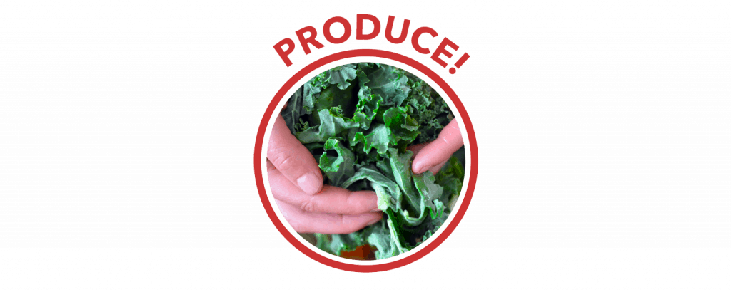 A red circle with the word "Produce!" on top. Inside the circle are two hands grabbing a bunch of kale.
