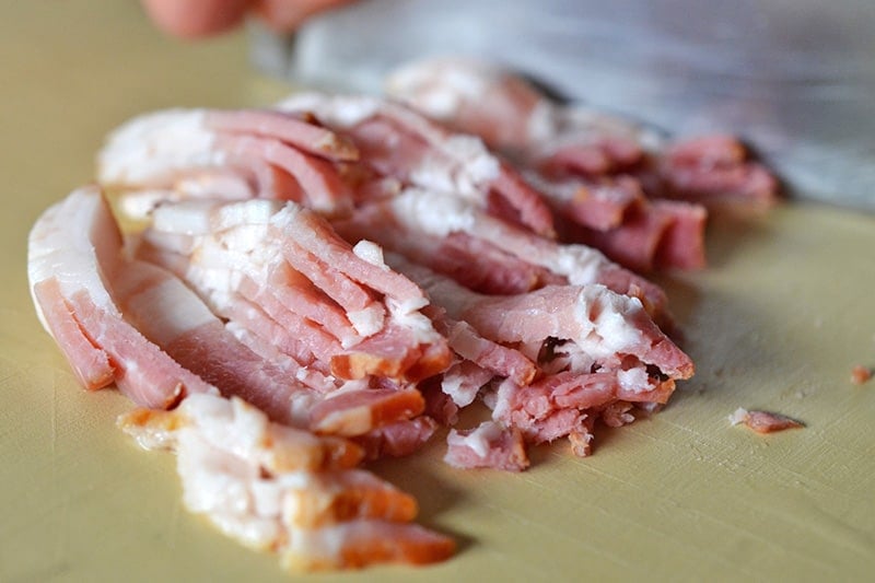 Thinly sliced bacon for Asian Cauliflower Fried Rice.
