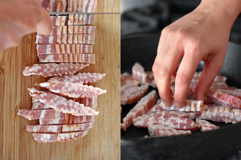 Raw bacon sliced crosswise into 1/2-inch pieces and placed in a large cast iron skillet.