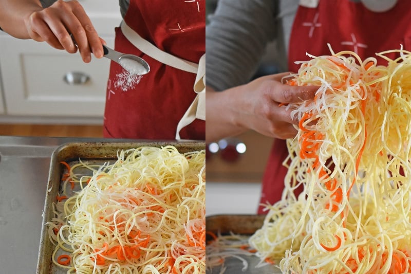 The spiralized vegetables are tossed with kosher salt.