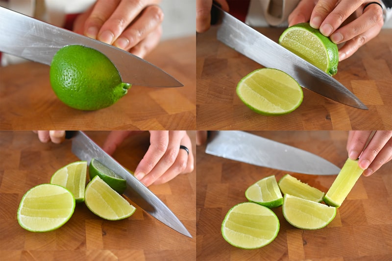 A four-shot of how to cut limes to get the most juice out of them.