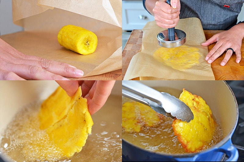 Fried plantain is placed in between wax paper and smashed down to a thing circle then deep fried in coconut oil.