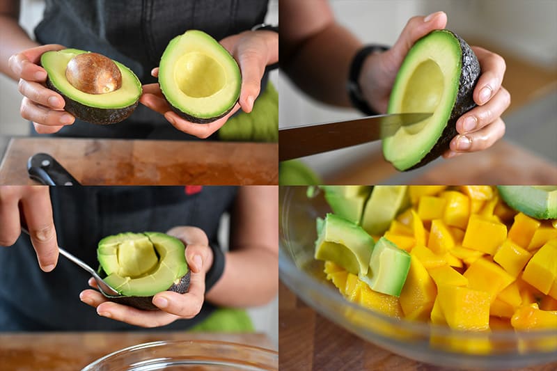 Slicing and chopping avocado into bite sized pieces and placed into a bowl with chopped mango for the paleo and Whole30 recipe of fried green plantains and mango avocado salsa.