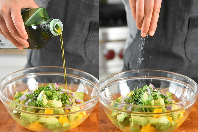 Pouring olive oil and salt into bowl for the paleo and Whole30 recipe of fried green plantains and mango avocado salsa.