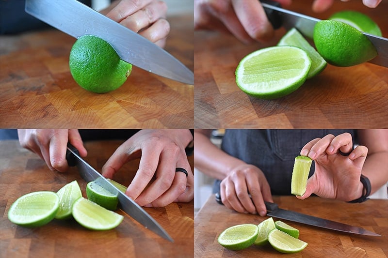 Close up of chopping limes for the paleo and Whole30 recipe of fried green plantains and mango avocado salsa.