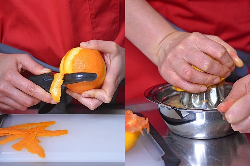 Peeling orange zest and juicing an orange to make Instant Pot (Pressure Cooker) Orange Duck and Gravy 