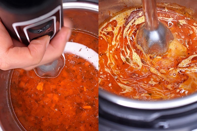 Blending the gravy in an open Instant Pot with an immersion blender 