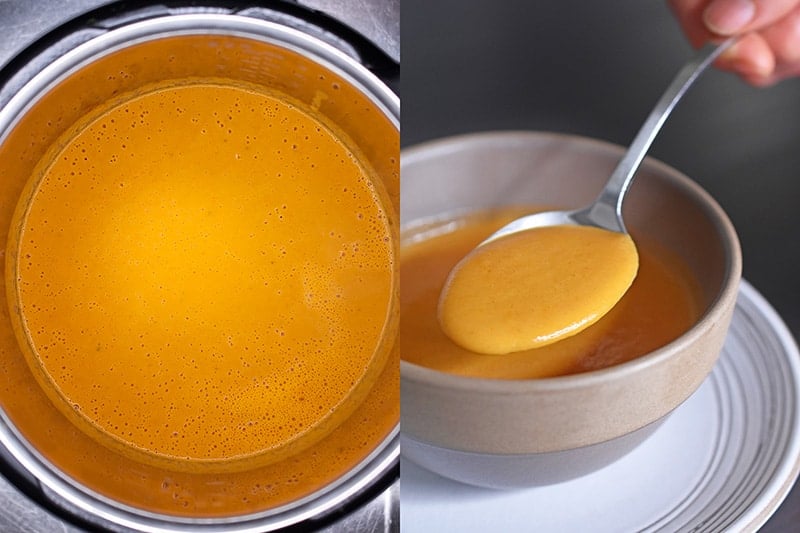 An overhead shot of bright orange duck gravy in an open Instant Pot.