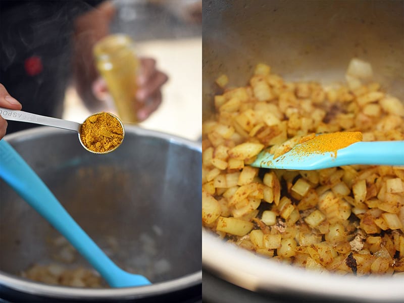 Adding a spoonful of curry powder to the onions sautéing in the Instant Pot