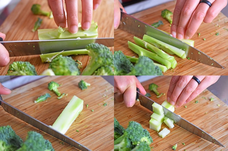 A collage of someone cutting up broccoli stems for Instant Pot Curried Cream of Broccoli Soup 