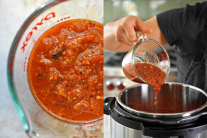 An overhead shot of a measuring cup filled with salsa being poured into an electric pressure cooker to make Instant Pot Salsa Chicken Tacos 