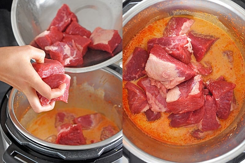 The salted beef cubes are added to the sauce in the Instant Pot