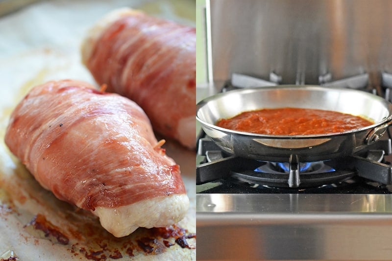 Two Chicken Prosciutto Involtini are resting out of the oven and the marinara is heating in a skillet over the stovetop.