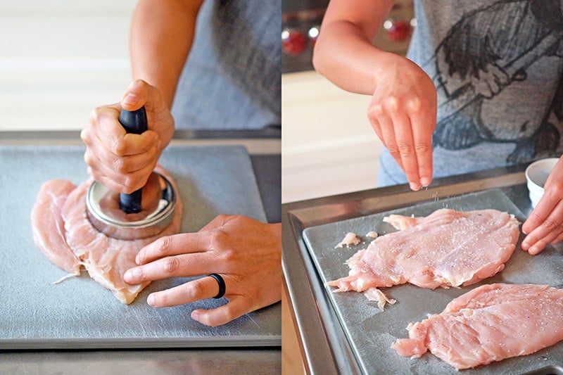 Chicken breast is pounded flat with a meat pounder and seasoned with salt.