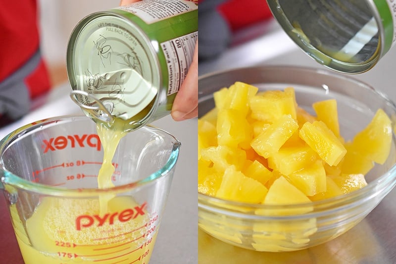 Draining and reserving the juice from a can of pineapple