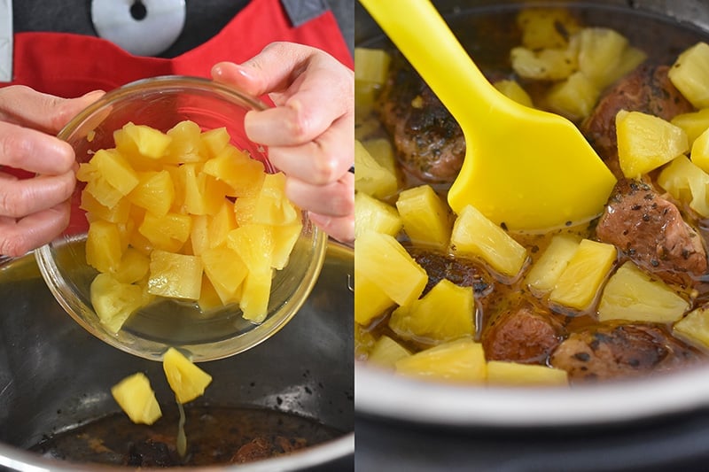 Adding the canned pineapple to the cooked Instant Pot Spicy Pineapple Pork