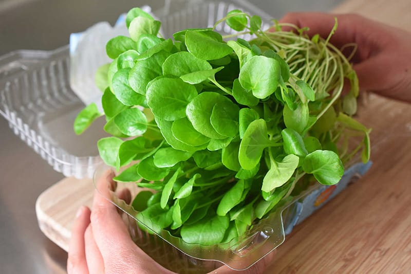 Someone opening a package of fresh watercress.
