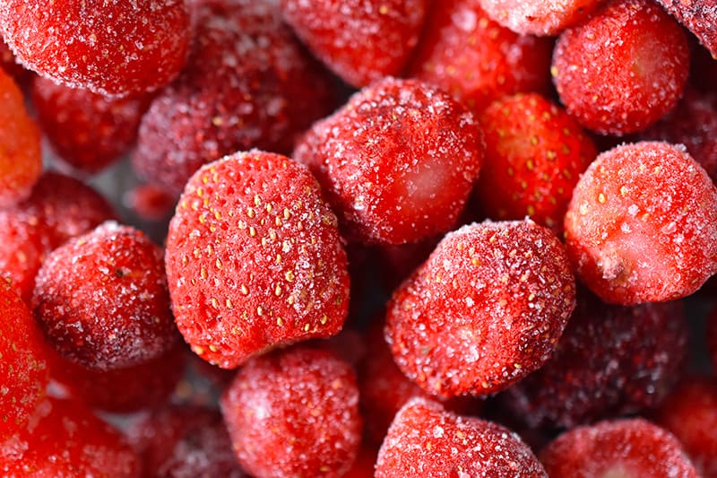 Close up of frozen strawberries.