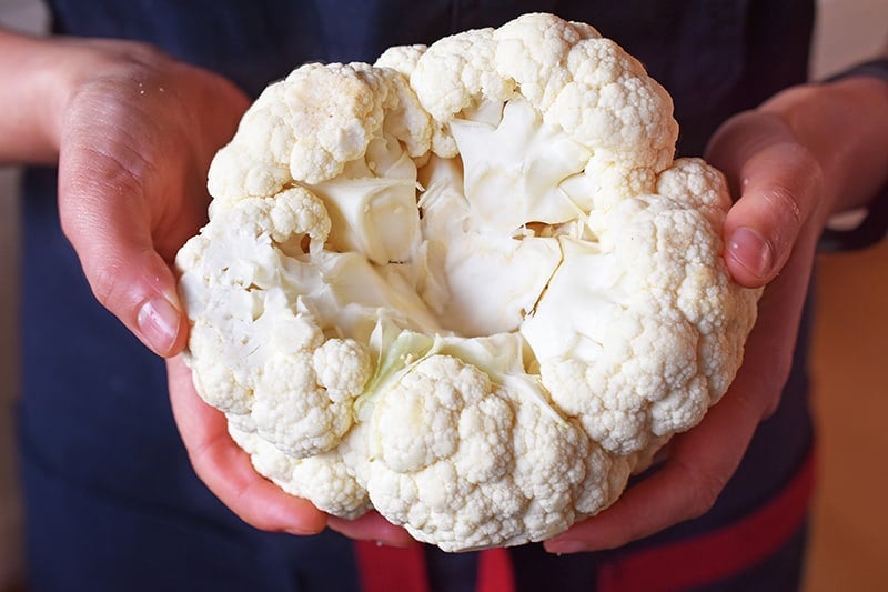 A closeup shot of the bottom side of a small head of cauliflower where the stem has been removed.