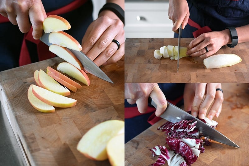 Someone chopping up the ingredients for the paleo and whole30 endive salad.