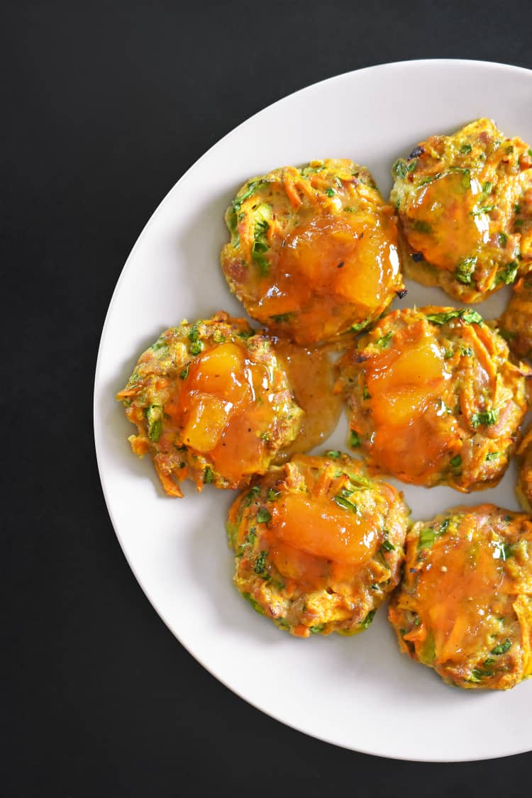 An overhead shot of portable Whole30-friendly Curry Turkey Bites + Apricot Ginger Sauce.