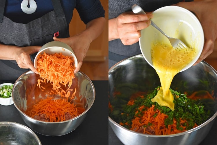 Adding the shredded vegetables, ground turkey, and whisked eggs into a mixing bowl to make Curry Turkey Bites + Apricot-Ginger Sauce 