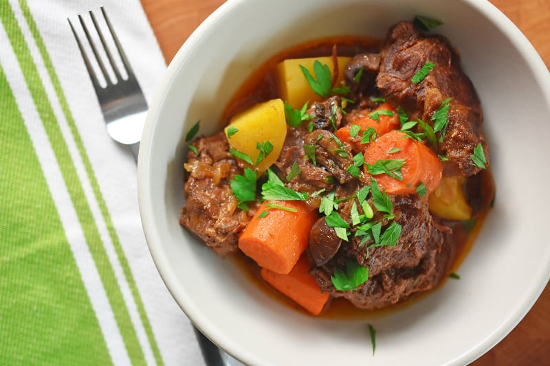 An overhead shot of Instant Pot Beef Stew with carrots and potatoes.